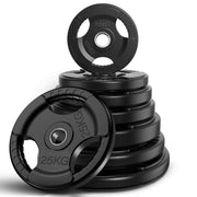 Tri-Grip Cast Iron Weight Plates with Rubber Coating – 1-Inch Standard Barbell Weights (2.5kg to 25kg) – Sold in Pairs for Home & Gym Use