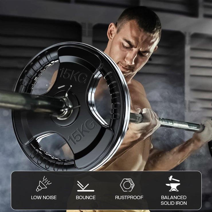 Tri-Grip Cast Iron Weight Plates with Rubber Coating – 1-Inch Standard Barbell Weights (2.5kg to 25kg) – Sold in Pairs for Home & Gym Use