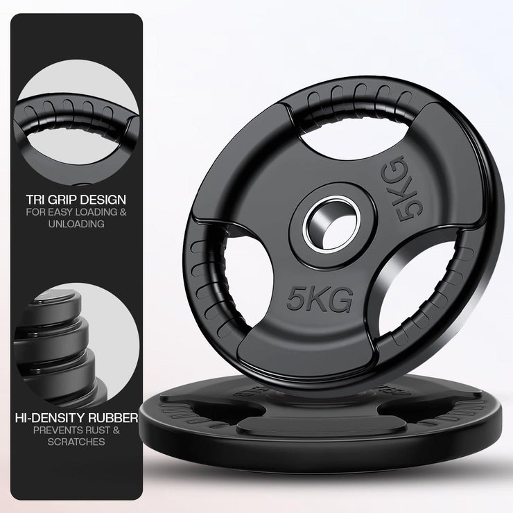 Tri-Grip Cast Iron Weight Plates with Rubber Coating – 1-Inch Standard Barbell Weights (2.5kg to 25kg) – Sold in Pairs for Home & Gym Use