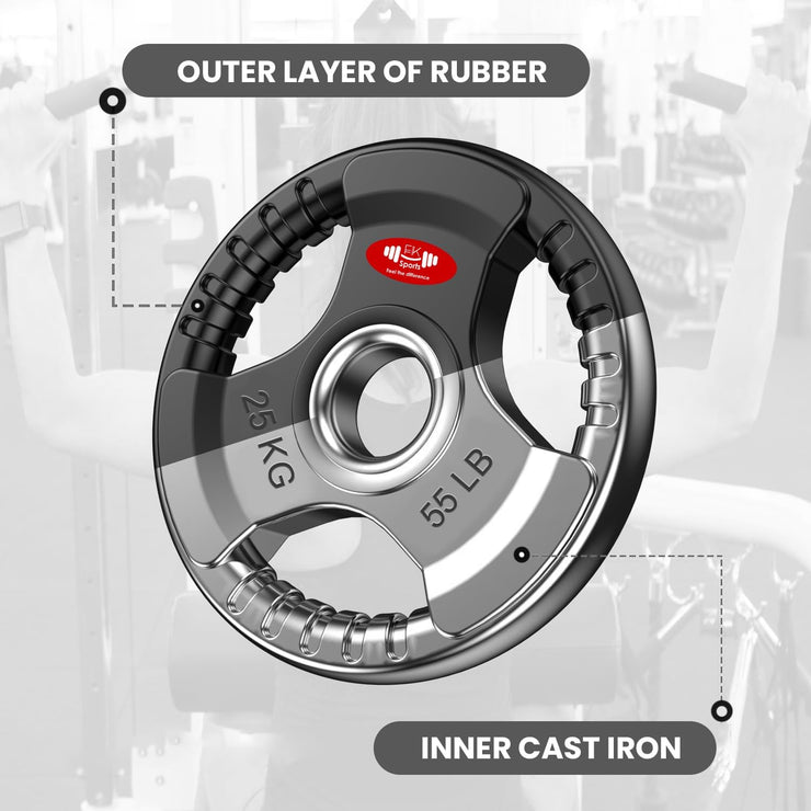 Olympic Weight Plates with Rubber Coating – 2-Inch Cast Iron Core Tri-Grip Barbell Plates (2.5kg to 25kg) – Sold in Pairs for Home & Gym Strength Training