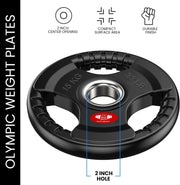 Olympic Weight Plates with Rubber Coating – 2-Inch Cast Iron Core Tri-Grip Barbell Plates (2.5kg to 25kg) – Sold in Pairs for Home & Gym Strength Training