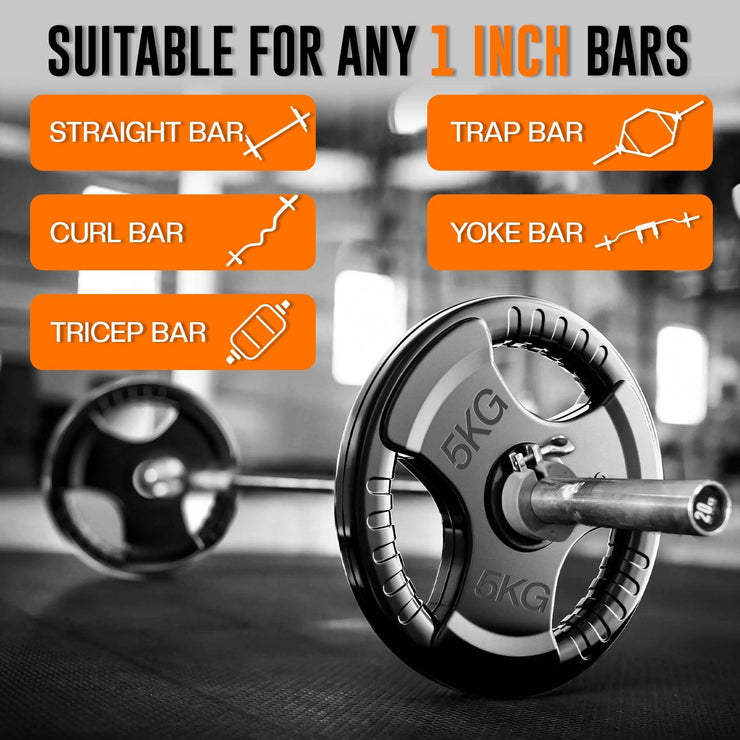 Tri-Grip Cast Iron Weight Plates with Rubber Coating – 1-Inch Standard Barbell Weights (2.5kg to 25kg) – Sold in Pairs for Home & Gym Use