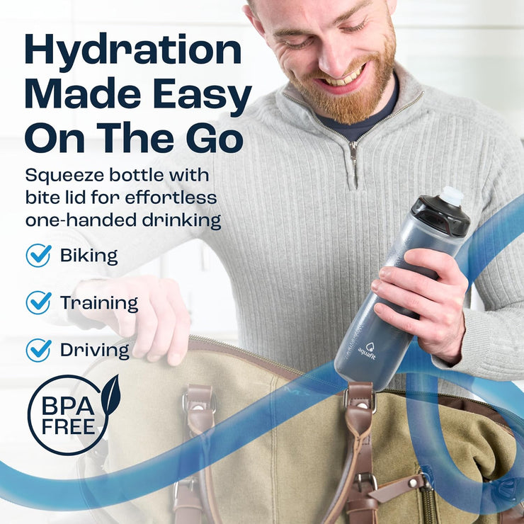 AQUAFIT Insulated Water Bottle - 20oz Leakproof Sports Water Bottle with Bite Lid, Bike Water Bottle, Easy Squeeze Water Bottles, Spill Proof for Cycling Bicycle - Fits Most Bike Cages (Black)
