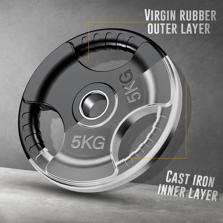Tri-Grip Cast Iron Weight Plates with Rubber Coating – 1-Inch Standard Barbell Weights (2.5kg to 25kg) – Sold in Pairs for Home & Gym Use
