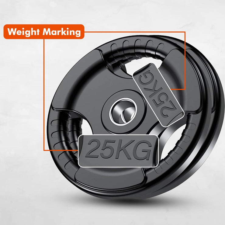 Tri-Grip Cast Iron Weight Plates with Rubber Coating – 1-Inch Standard Barbell Weights (2.5kg to 25kg) – Sold in Pairs for Home & Gym Use